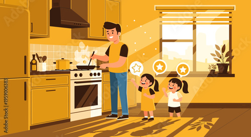 Father cooking with daughters in kitchen.