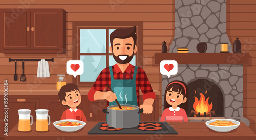 Father and children cooking together in a cozy kitchen.