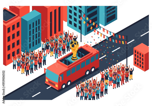 Celebration parade of sports champions on a bus with confetti and cheering crowd