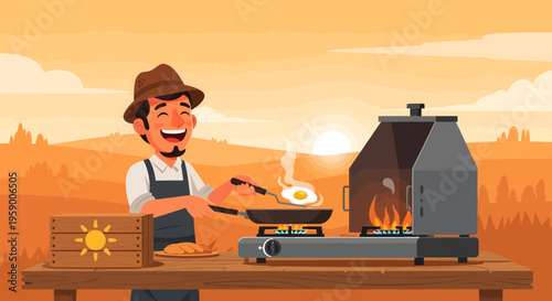 Man happily cooking breakfast outdoors at sunrise.