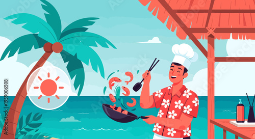 Man cooking seafood on tropical beach vacation.