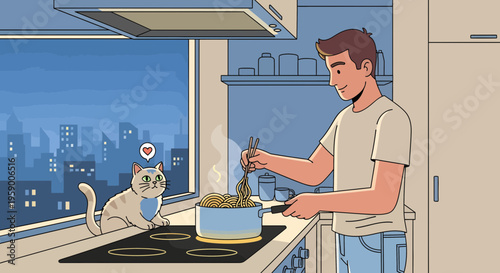 Man cooking with cat watching attentively.