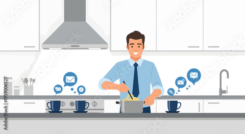 Man in blue shirt cooking and communicating online.