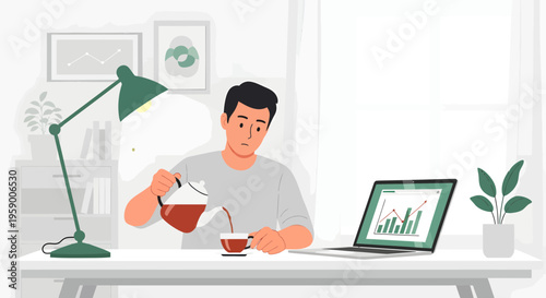 Man pouring coffee at desk with laptop.