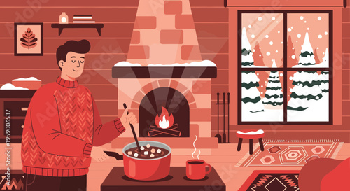 Man in cozy sweater stirring hot chocolate by fireplace.