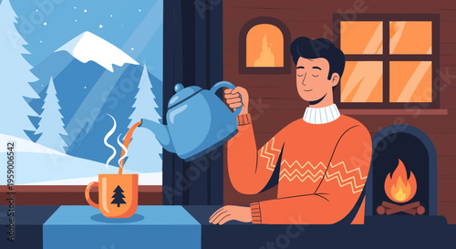 Man Pouring Hot Beverage Near Cozy Fireplace.