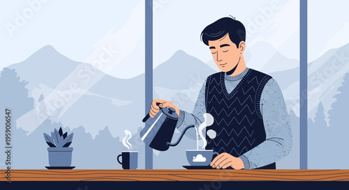 Man pouring hot water into coffee cup for morning brew.
