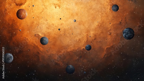 Cluster of planets orbiting within vibrant nebula gas field, rich scifi composition