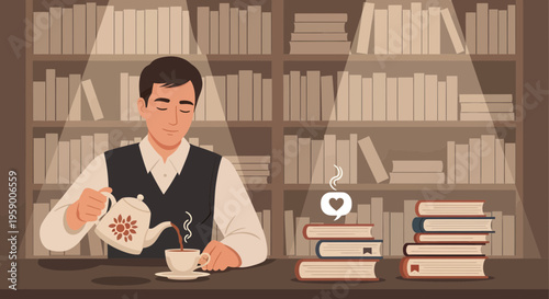 Man pouring tea in a library setting.