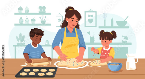 Mother and children baking together in the kitchen.