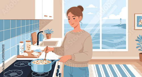 Woman cooking healthy food in a bright kitchen by the sea.