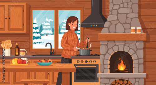 Woman cooking in a cozy cabin kitchen during winter.