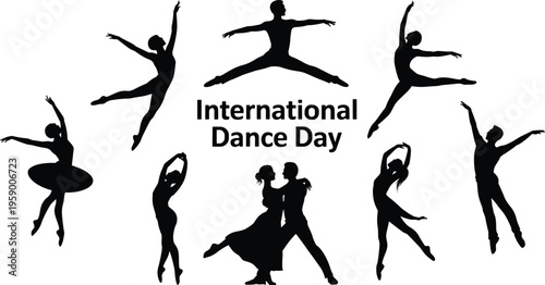 International Dance Day silhouettes collection, ballet and modern dancers, artistic performance poses, graceful movement, stage choreography, celebration poster illustration design