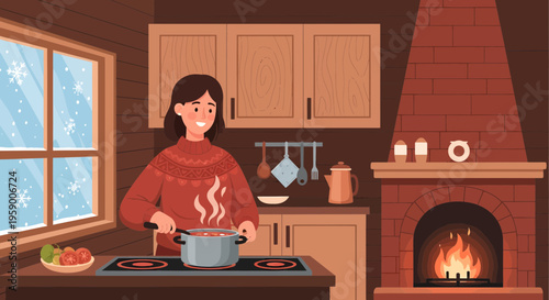 Woman cooking in cozy kitchen during winter.