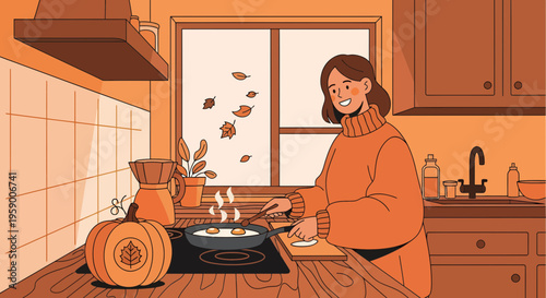 Woman cooking in kitchen with autumn theme.