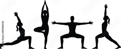 Yoga poses silhouette set, fitness and meditation practice, healthy lifestyle, flexibility training, balance and strength, wellness exercise, calm body movement illustration