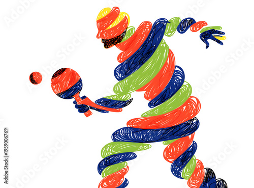 Abstract table tennis player illustration, colorful spiral strokes athlete with paddle and ball, artistic sports concept on white background
