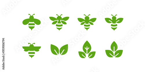Modern bee logo collection featuring leaf shaped wings, minimal vector style perfect for organic honey brands, eco friendly businesses, and natural product labels.