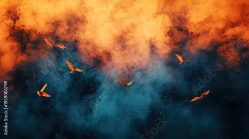 Cloud of nebula smoke turning into golden birds in space, creative symbolic flight