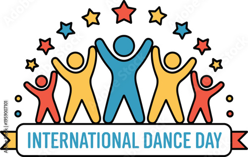 International Dance Day celebration banner with colorful people silhouettes, joyful movement, cultural diversity, community unity, festive illustration, modern flat design
