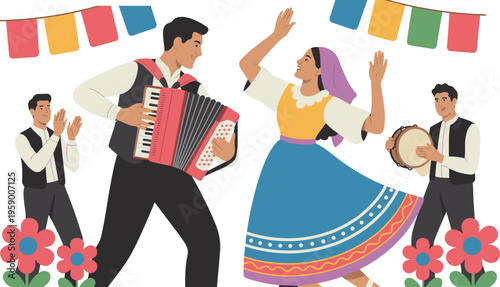 Folk dance celebration with musicians and dancers, traditional culture festival illustration, music performance concept, colorful costume, community event design