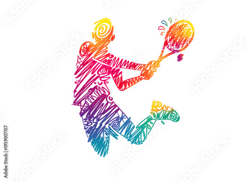 Colorful tennis player silhouette in motion, artistic rainbow scribble illustration of athlete jumping, vibrant sports graphic on white background