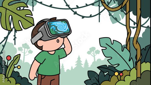 Cartoon child in VR headset exploring virtual jungle. Immersive digital experience of nature in virtual reality.