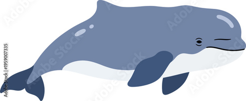 A cartoon illustration of a dolphin swims in the ocean water freely.