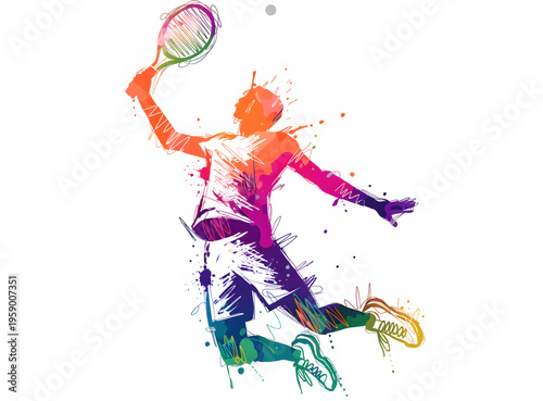 Dynamic tennis player silhouette in colorful watercolor splash style, athletic male jumping for smash serve, vibrant rainbow paint splatter sports art