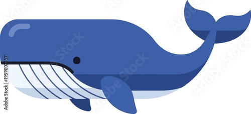 The blue whale swims in the ocean water near the surface.