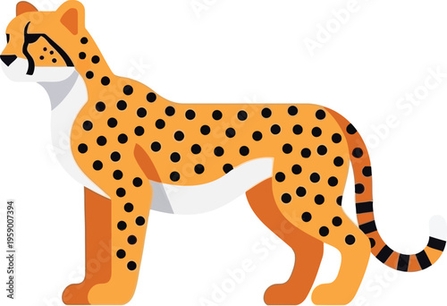 A side view of a cheetah standing outdoors in a natural setting.