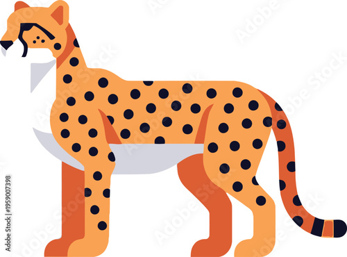 A detailed illustration of a standing cheetah with orange fur and black spots.