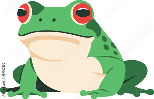 A vibrant green frog with large red eyes sits on a surface in a natural landscape.