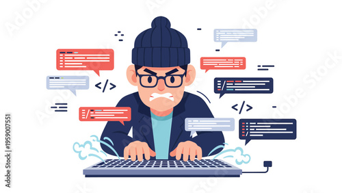 Frustrated Programmer Coding. Angry Developer Facing Software Errors and Debugging Technical Problems.