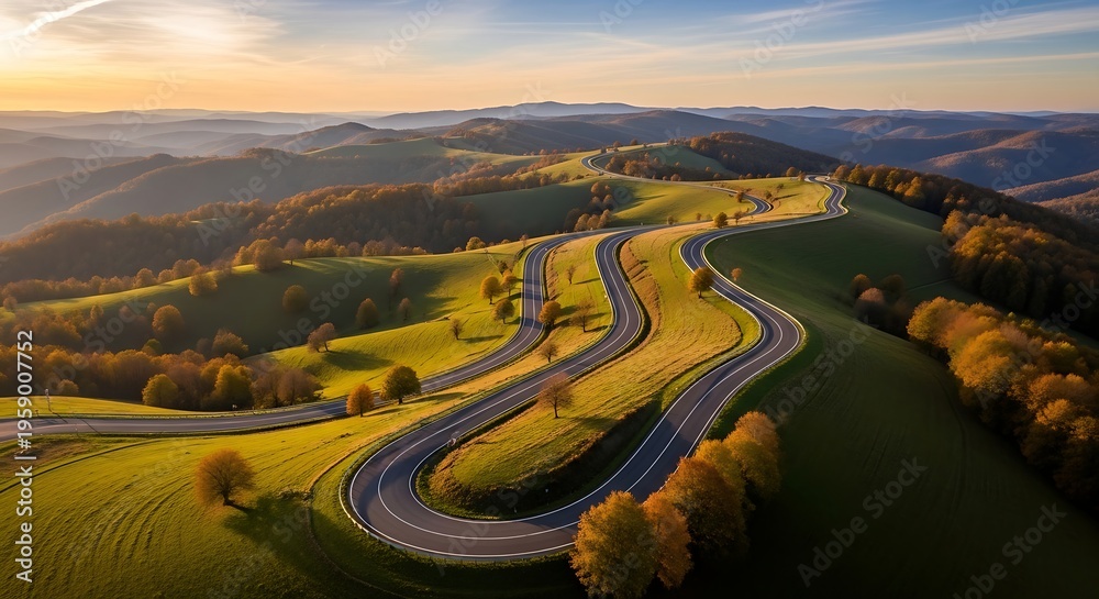 Fototapeta premium Winding road passes through rolling hills and trees during sunset