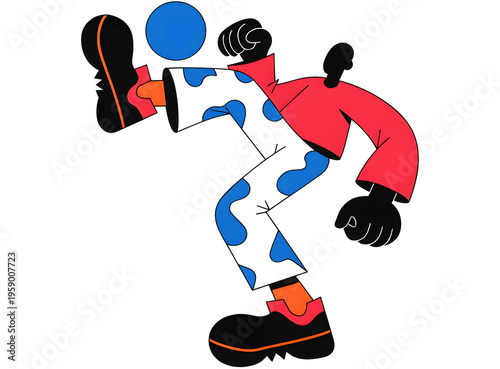 Stylized soccer player illustration, modern flat vector character playing football, athletic person in red jacket and patterned pants juggling ball