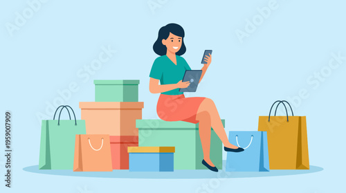 A cheerful woman enjoying her shopping experience, sitting among colorful packages while using her smartphone, symbolizing modern consumer culture.