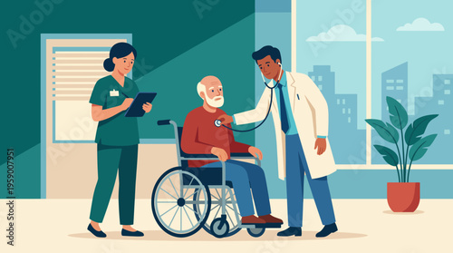 Two compassionate healthcare professionals attending to an elderly patient in a clinic, emphasizing the importance of care, compassion, and effective healthcare services.