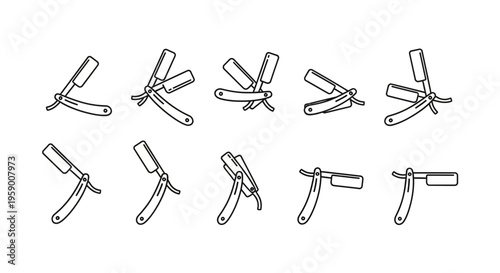 Collection of Vintage Straight Razor Icons, Barber Tools Set, Retro Shaving Equipment