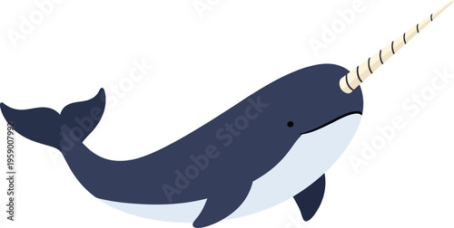 A cartoon narwhal swims with its distinctive tusk in the water.