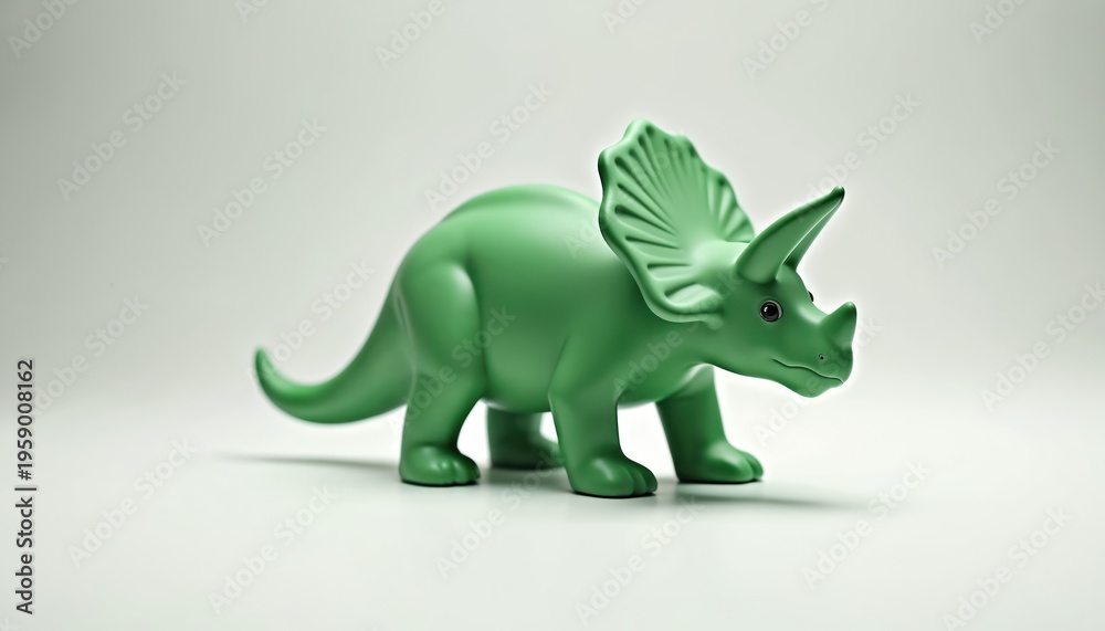 Fototapeta premium Green triceratops figurine stands on clean surface. Cute toy dinosaur model, simple studio product shot. Kids collectible for paleontology, fun, playful, educational.