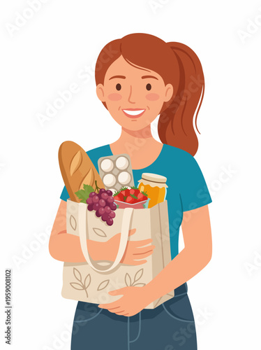 A cheerful young woman smiles while carrying a reusable grocery bag filled with fresh produce, bread, eggs, and jam, emphasizing a healthy and sustainable lifestyle.