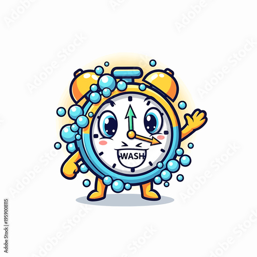 Cute Cartoon Alarm Clock Character with Bubbles.