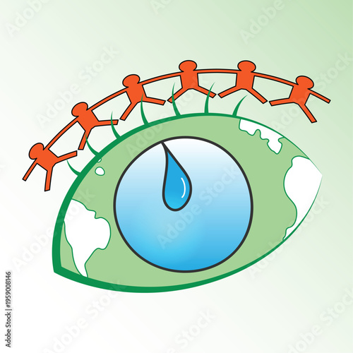 Conceptual illustration of human eye with water drop, symbolizing see the importance of water. Linked figures above suggest unity and collective responsibility against the global water crisis.