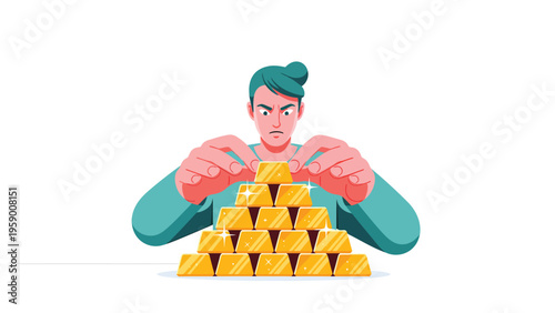 Focused individual building a pyramid of gold bars. Represents wealth, investment, financial growth, and asset management.