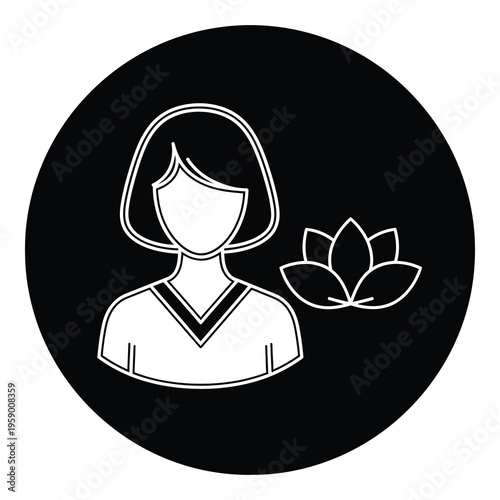 Woman face silhouette with short hair and lotus flower on black circular background icon