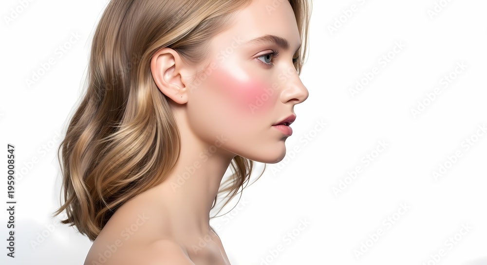 Naklejka premium Beautiful Woman Profile with Blonde Hair and Pink Blush
