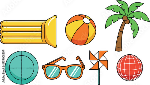 Summer icons, beach symbols, tropical graphics, vacation elements