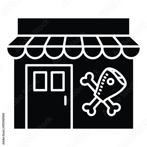 Black and white illustration of a store with a fish and bones sign icon