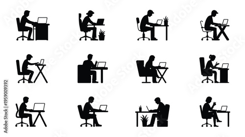 Silhouette bundle of people working at home office desks with computers and laptops in various positions